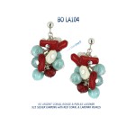 BO Larimar perle de culture corail rouge sur argent 925 - 925 silver cultured pearls red coral Larimar earring